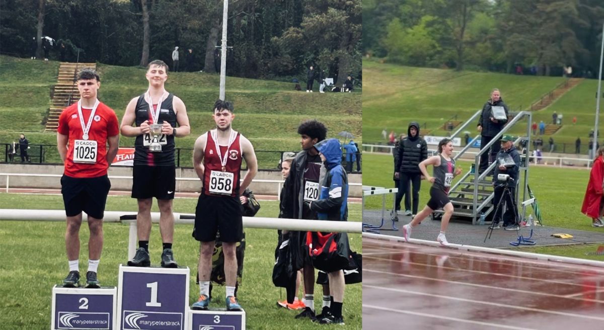 (Centre left) Curtis Ford, 1st place in javelin with fellow competitors and (right) Sam Moffitt on track.